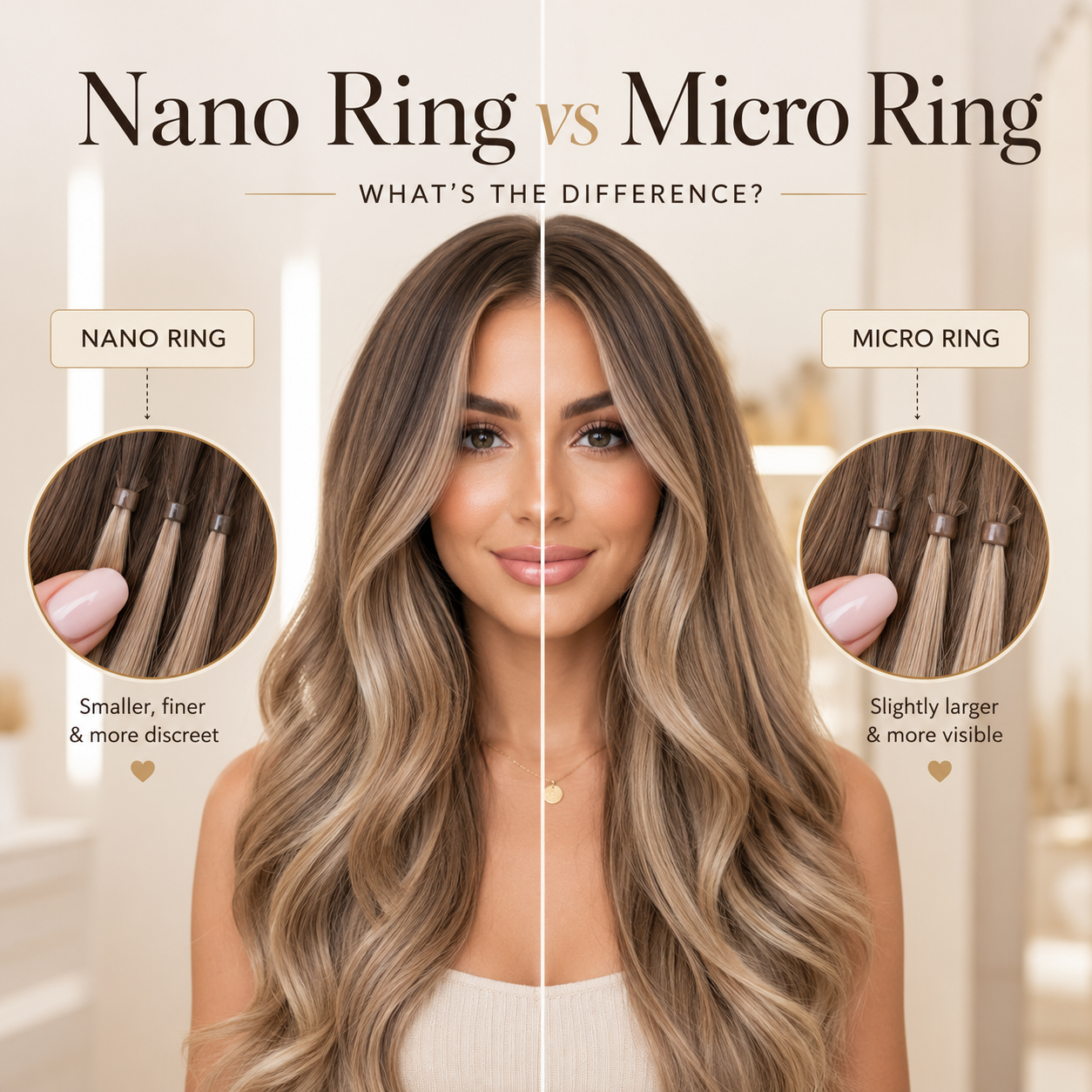 Nano ring vs micro ring hair extensions comparison showing the difference in attachment size and visibility