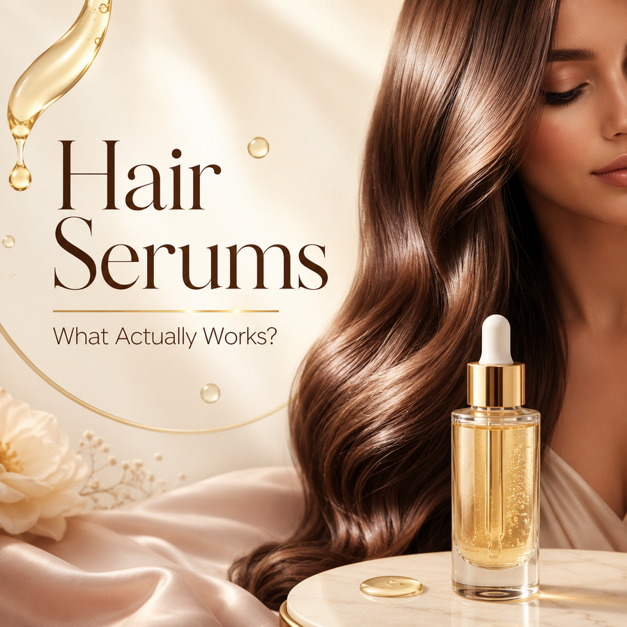 Luxury hair serum blog cover showing glossy smooth hair, golden serum drops, and a serum bottle for The Cosmetologists guide to what actually works