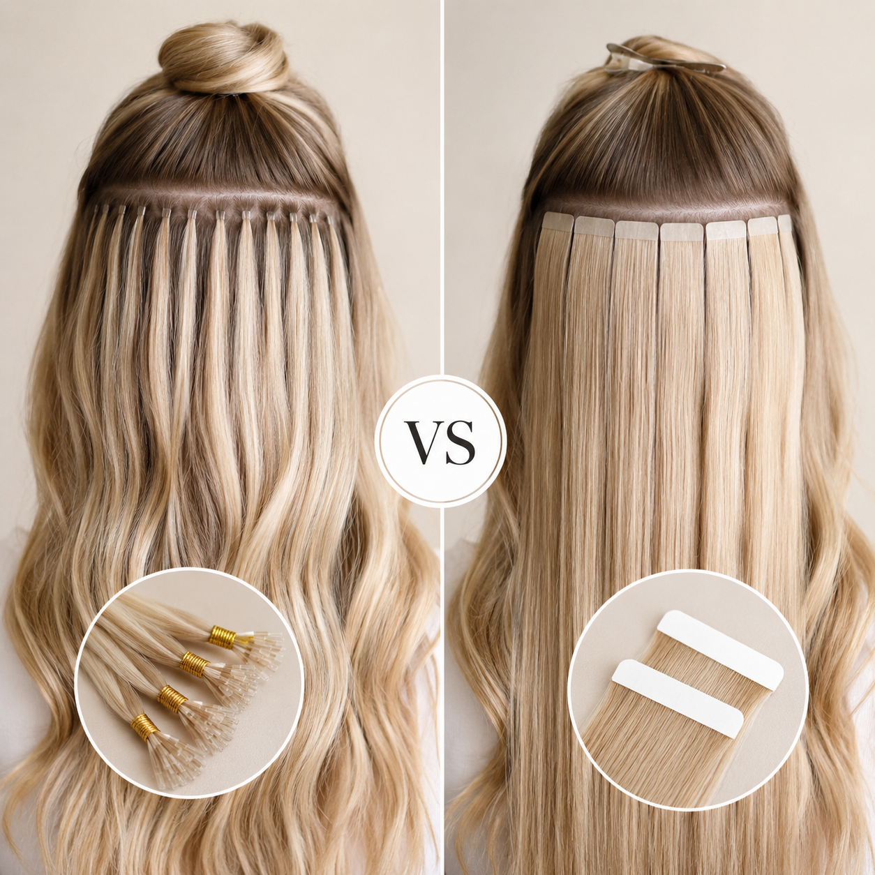 Nano tip vs tape in hair extensions comparison showing professional installation methods on blonde hair with side-by-side view of nano tip bonds and tape extensions for choosing the best hair extension type.