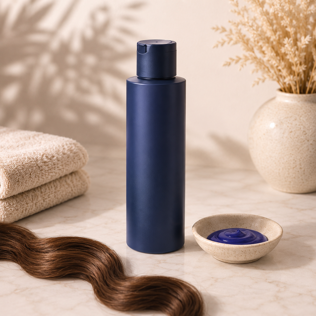 Professional blue shampoo treatment shown with healthy brunette hair on a premium salon-inspired background, representing colour correction and brassiness reduction for brown, highlighted and balayage hair.