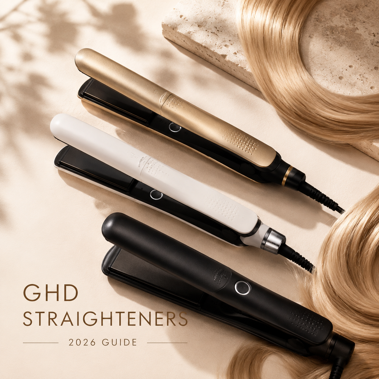 GHD straighteners comparison guide featuring Gold, Platinum Plus and Chronos Max stylers with smooth blonde hair on a premium neutral background, helping shoppers choose the best ghd straightener for their hair type.
