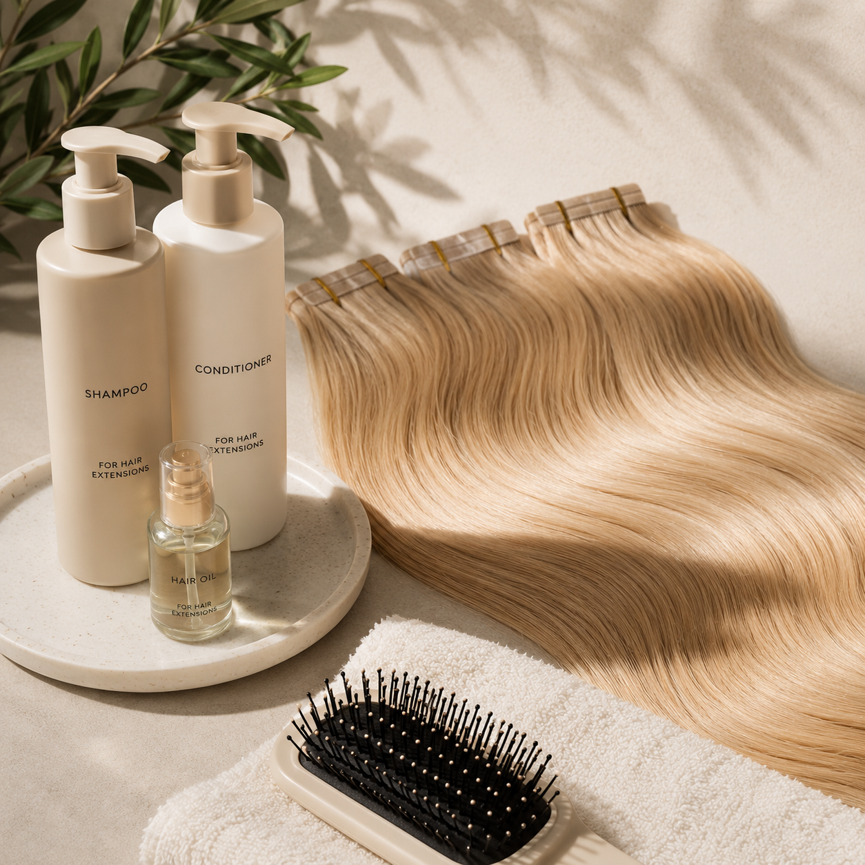 Complete hair extension aftercare guide featuring haircare products, extension-safe brush and blonde hair extensions, showing how to maintain soft, healthy and long-lasting extensions.