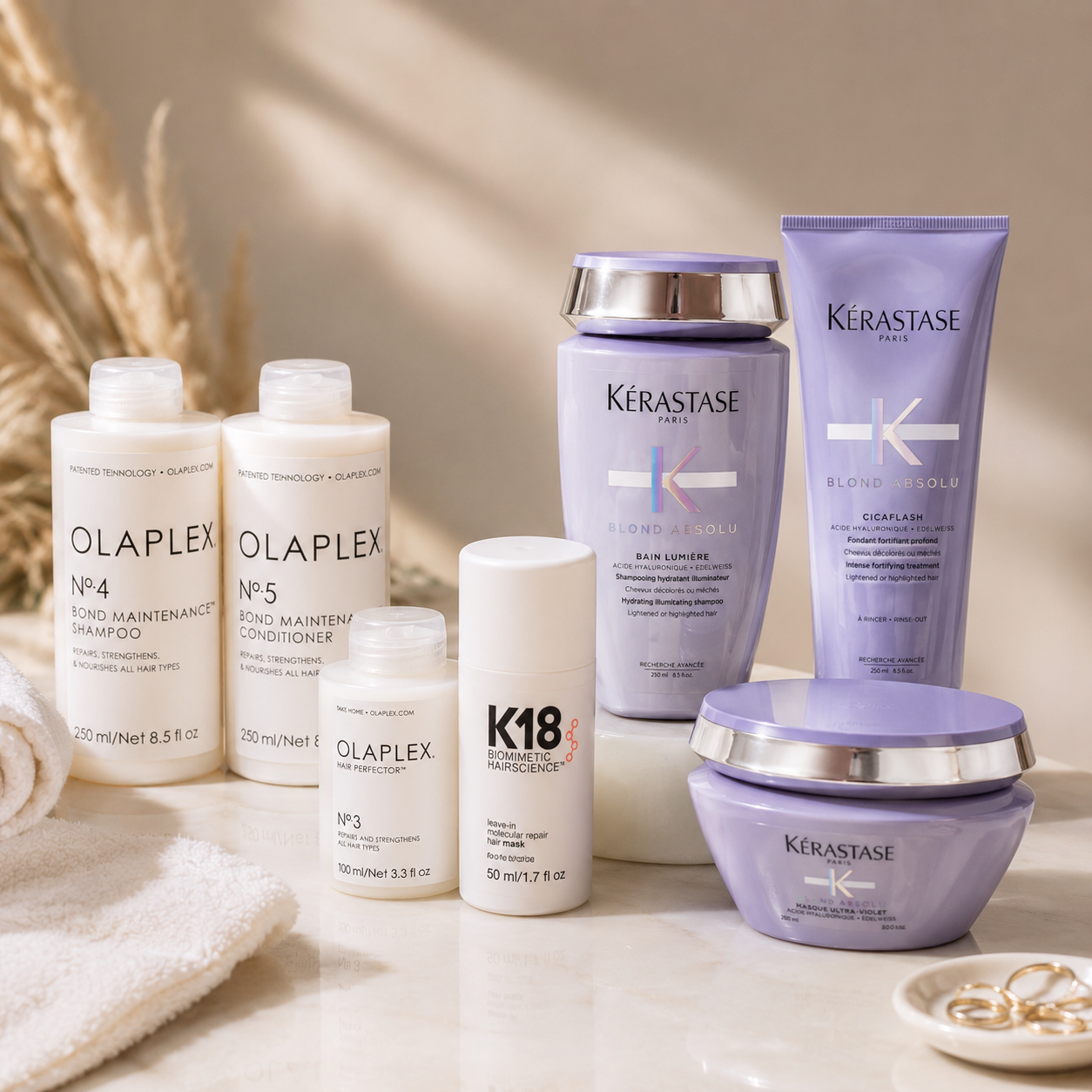 Comparison of Olaplex, K18 and Kérastase haircare products designed for bleached, damaged and colour-treated hair, helping users choose the best treatment for hair repair, strength and hydration.
