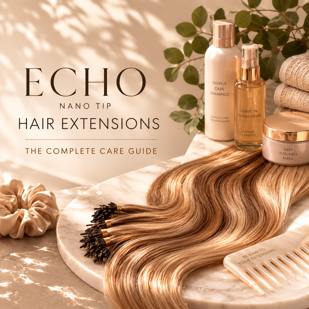 Complete guide to caring for Echo Nano Tip hair extensions, featuring premium blonde nano tip extensions, extension-safe haircare essentials and maintenance tools on a professional beauty backdrop.