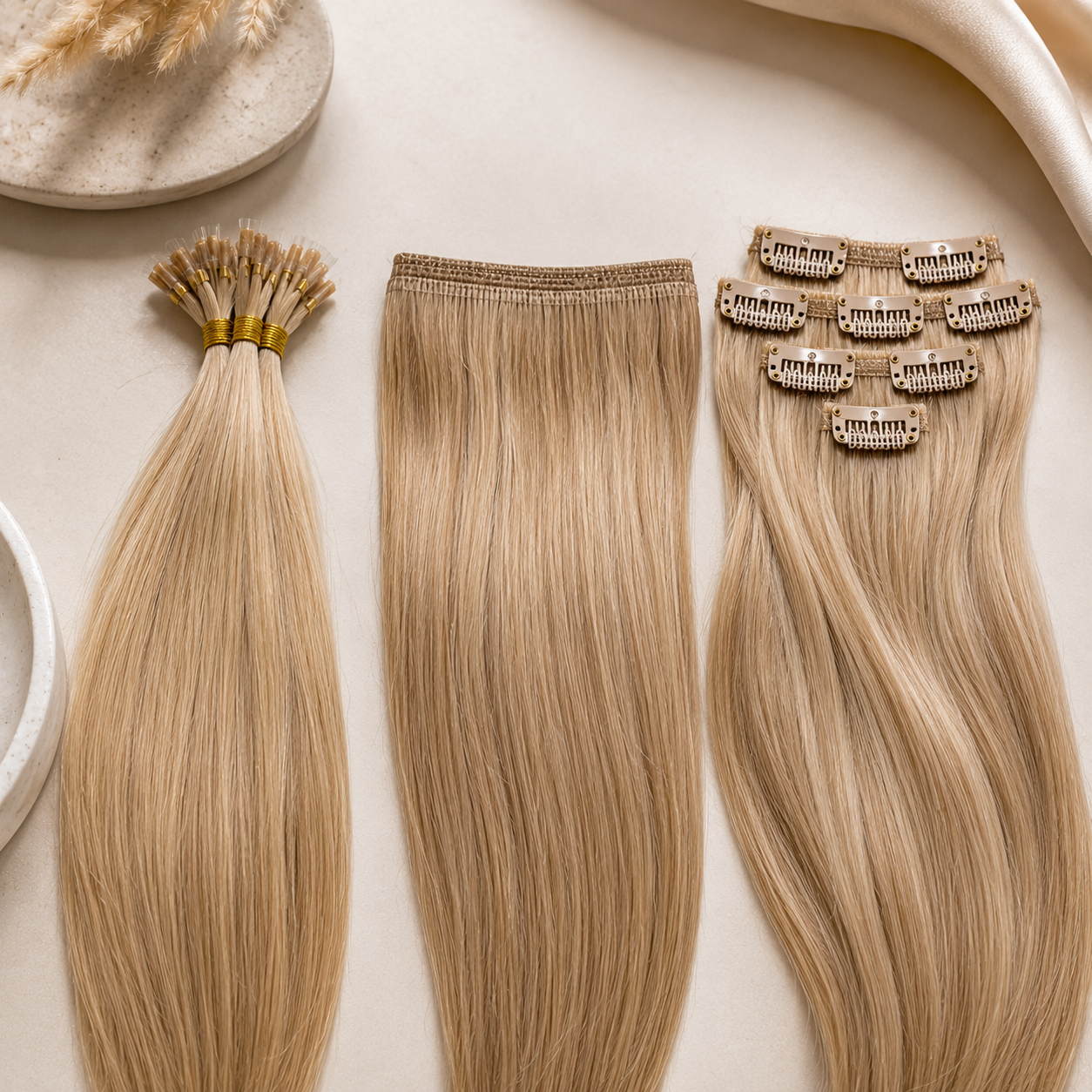 Hair extension comparison guide featuring nano tip, weft and clip-in extensions arranged side by side, illustrating the key differences in application, volume, maintenance and suitability for different hair types.