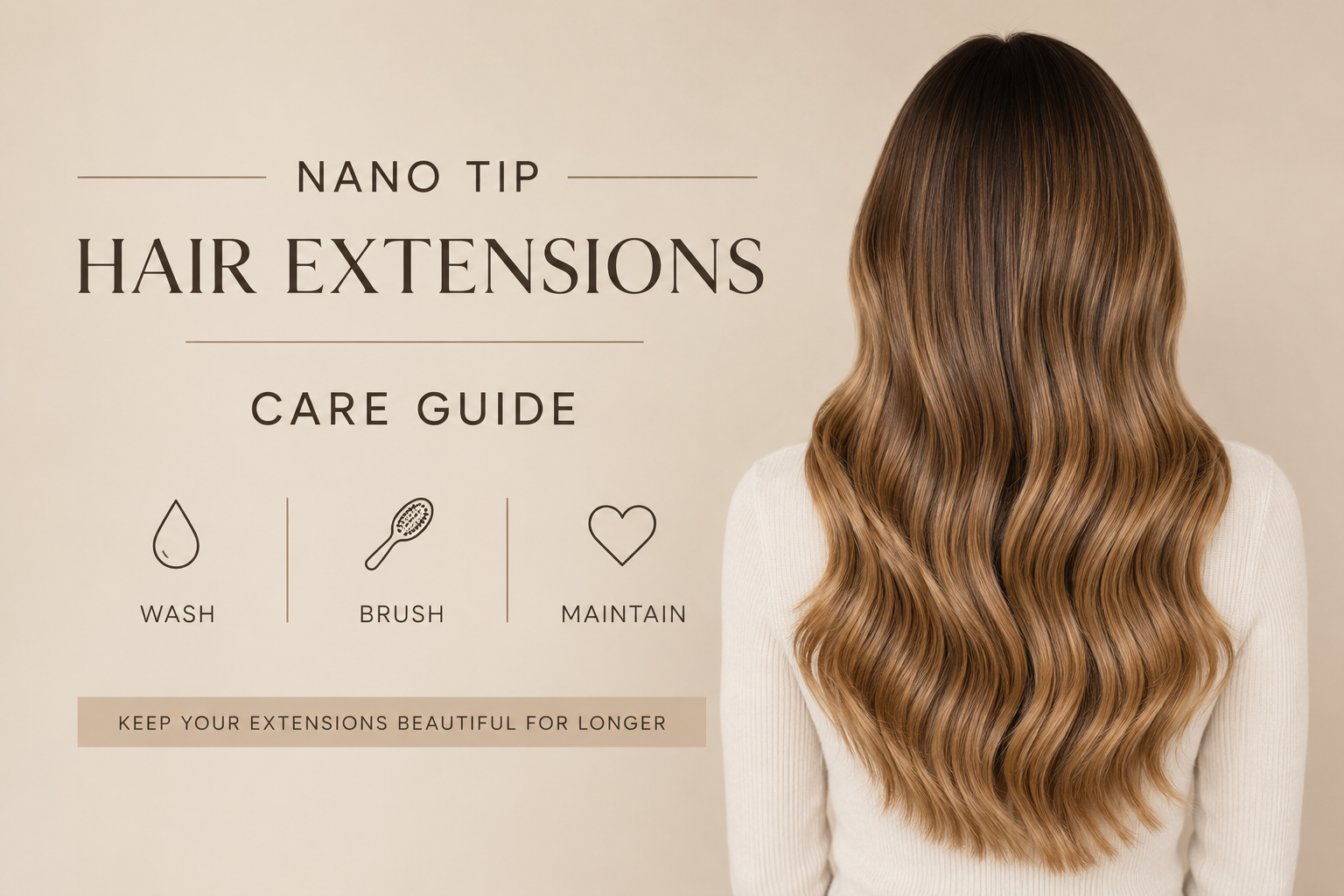 Luxury nano tip hair extensions aftercare guide showing professional human hair extensions with seamless nano bonds, soft waves and extension maintenance tips on a neutral salon-style background.
