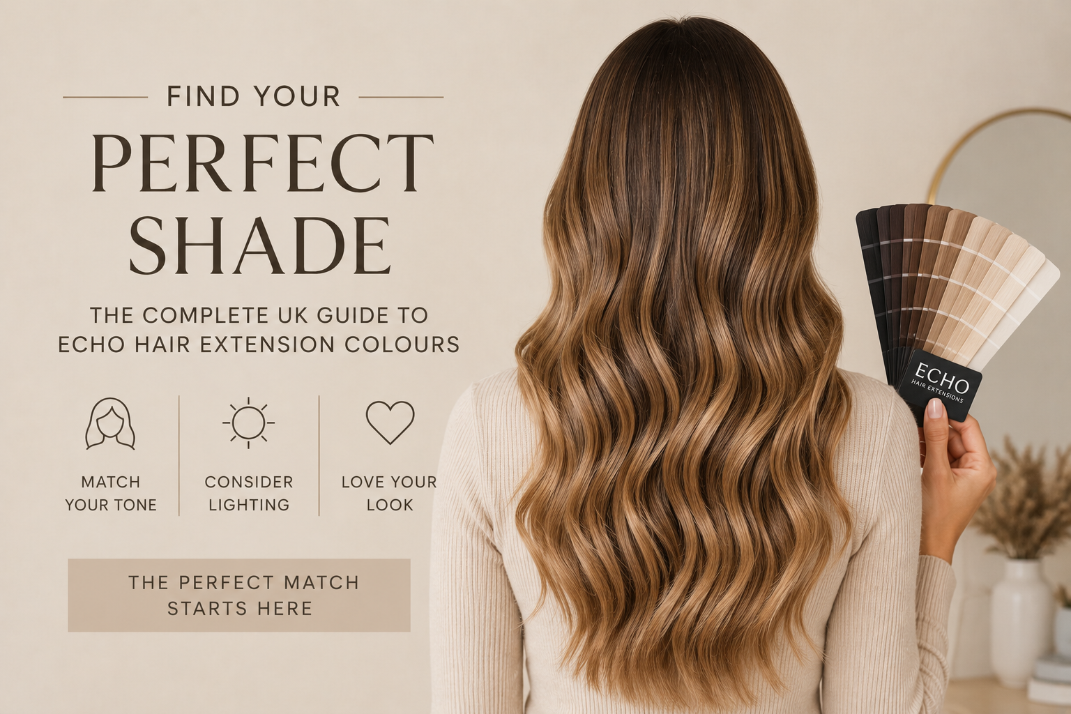 Luxury Echo hair extension shade matching guide showing brunette and blonde human hair extension colours with professional colour swatches for choosing the perfect hair extension shade in the UK.