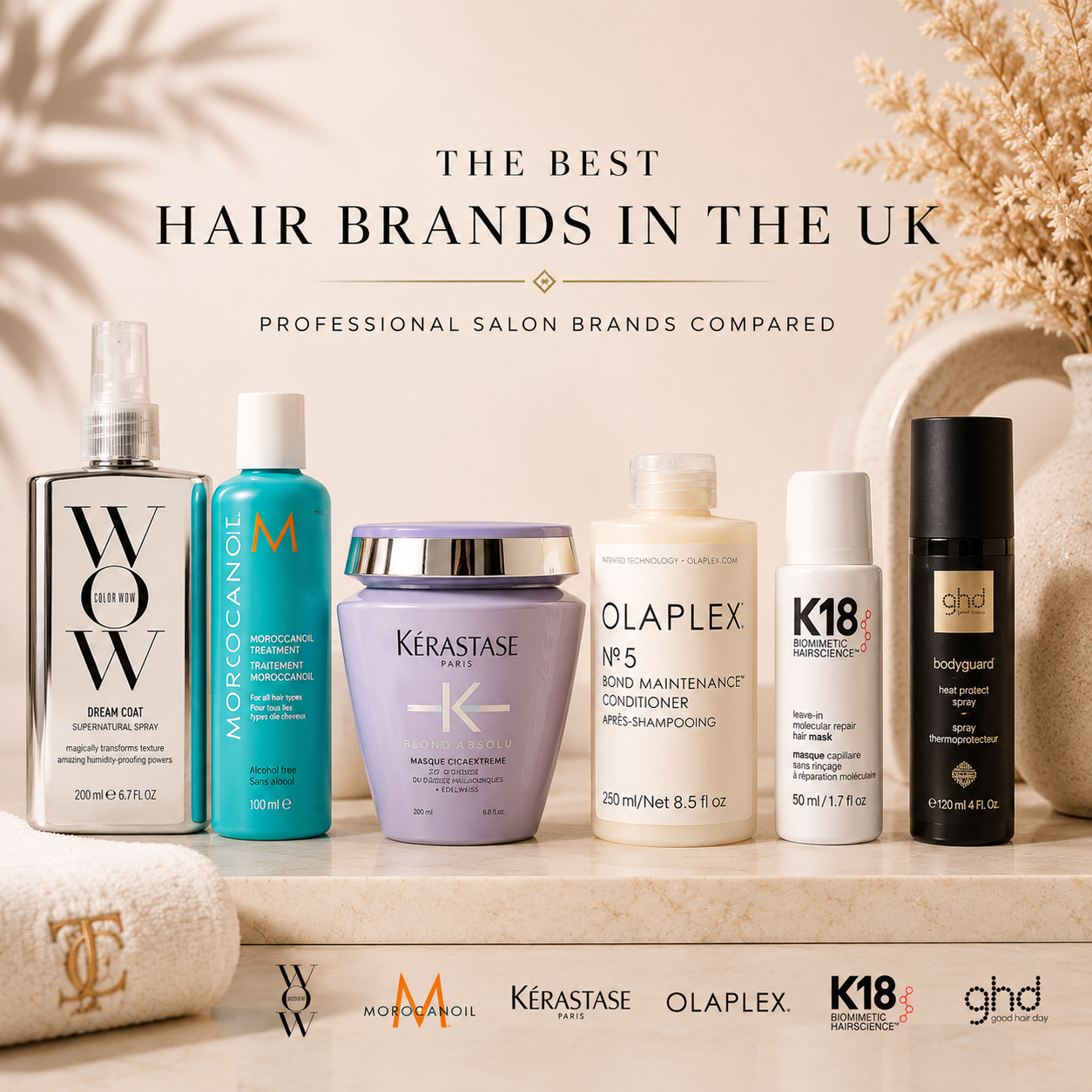 Comparison of the best UK professional haircare brands including Color Wow, Moroccanoil, Kérastase, Olaplex, K18 and ghd, helping shoppers choose the right salon-quality products for their hair needs.