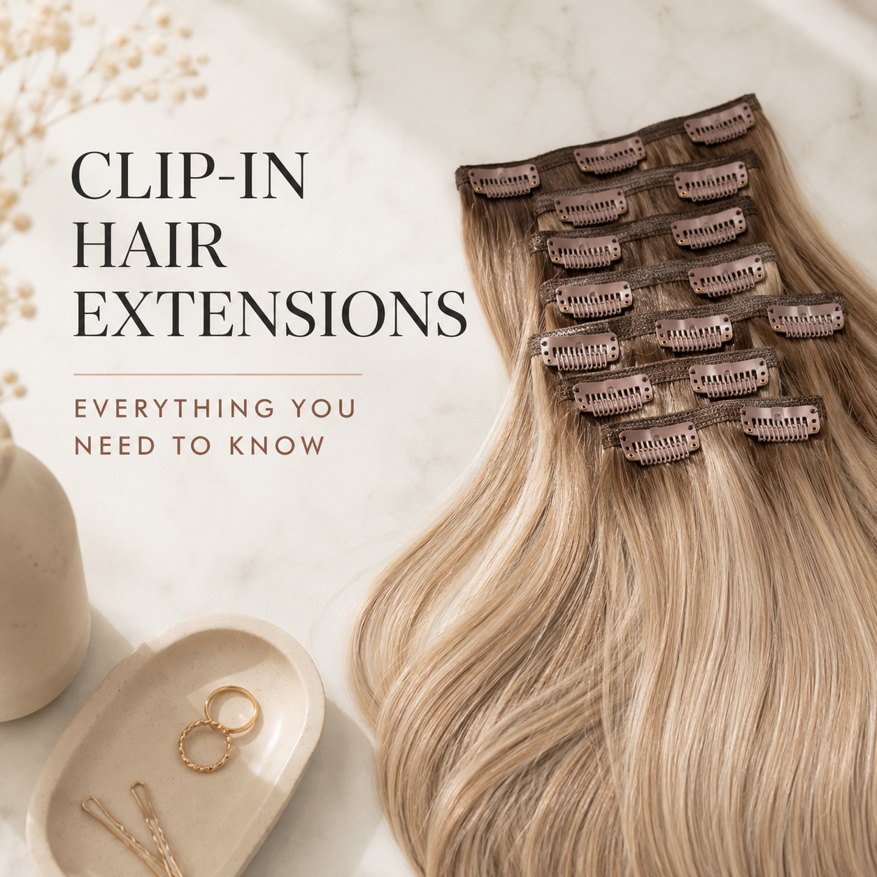 Clip-in hair extensions displayed on a light cream marble background with elegant salon styling for a hair extensions guide.