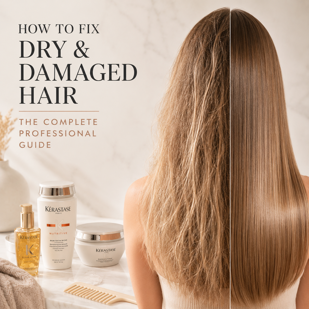 Before and after dry damaged hair transformation with luxury hair care products on a light cream salon background.