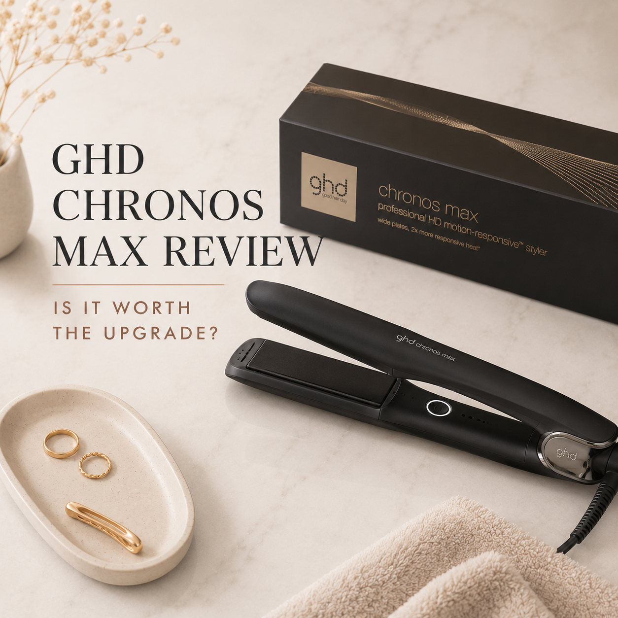 ghd Chronos Max hair straightener with packaging on a light cream marble background for a professional product review guide.