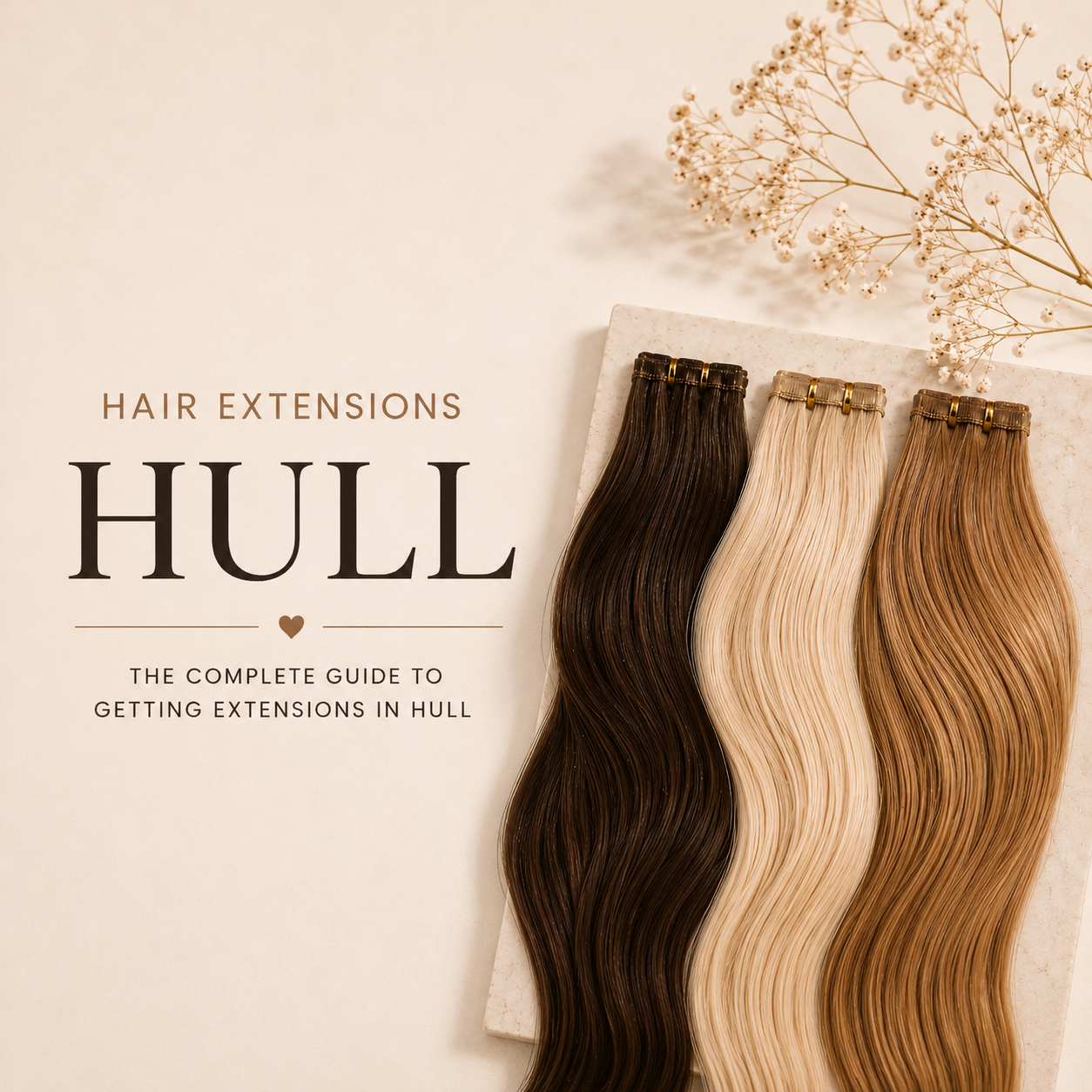 Hair extensions in brunette, blonde and caramel shades displayed on a soft beige background for a guide to getting hair extensions in Hull.