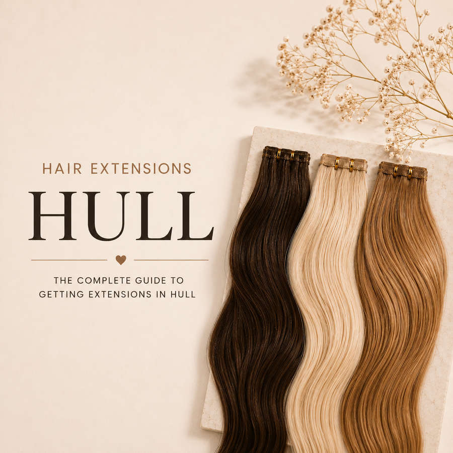 Hair extensions in brunette, blonde and caramel shades displayed on a soft beige background for a guide to getting hair extensions in Hull.