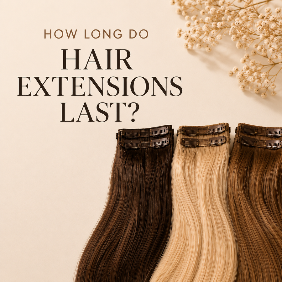 Hair extensions in brunette, blonde and caramel shades displayed on a soft beige background with the title How Long Do Hair Extensions Last.