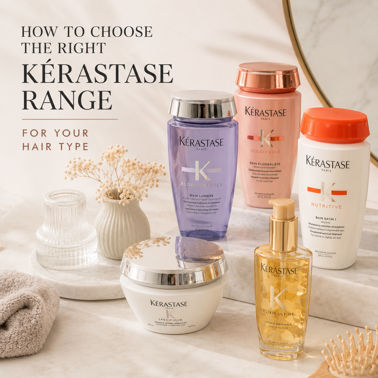Kérastase hair care products displayed on a light cream marble background for a guide to choosing the right range by hair type.