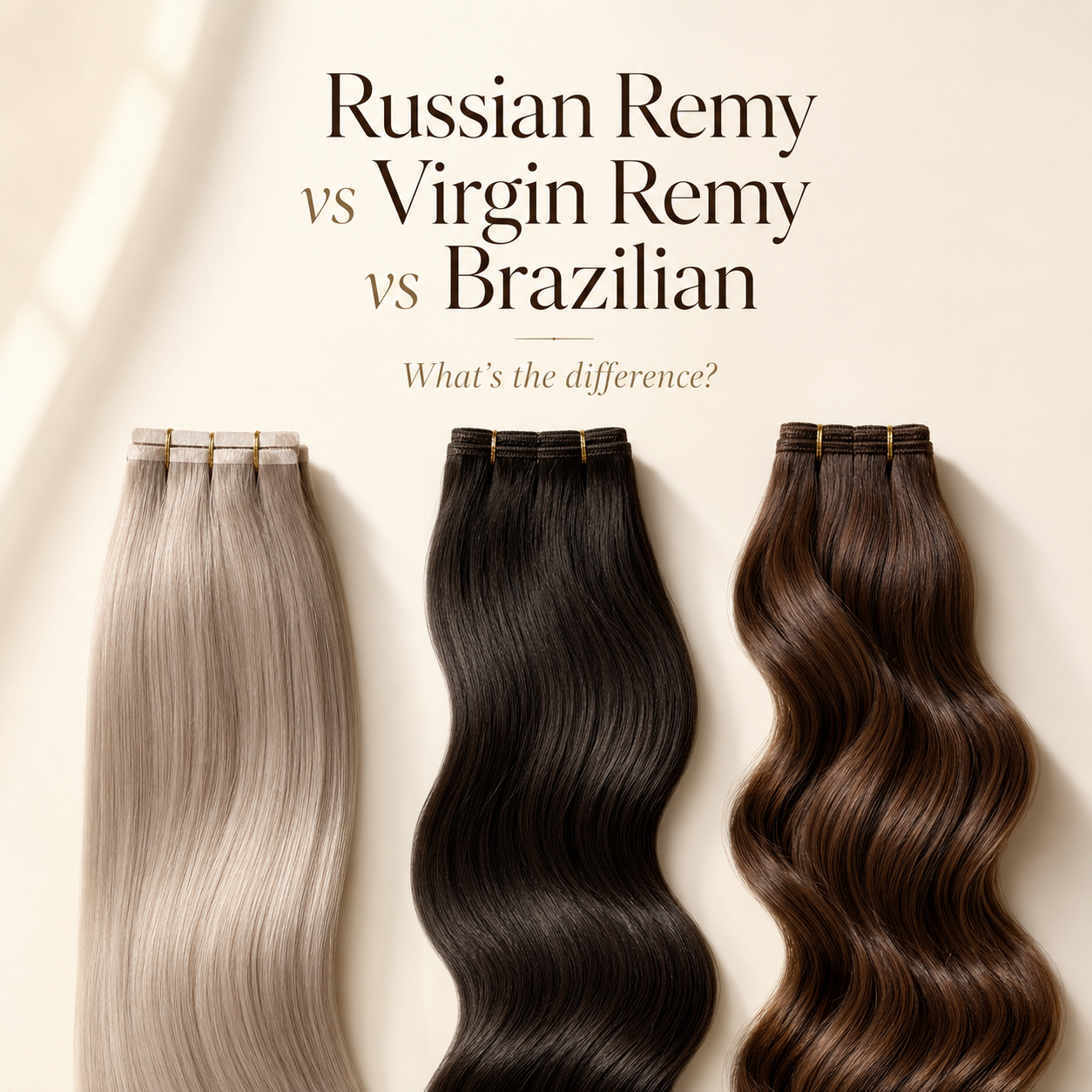 Russian Remy, Virgin Remy and Brazilian hair extensions displayed side by side on a light cream background for a hair extensions comparison guide.