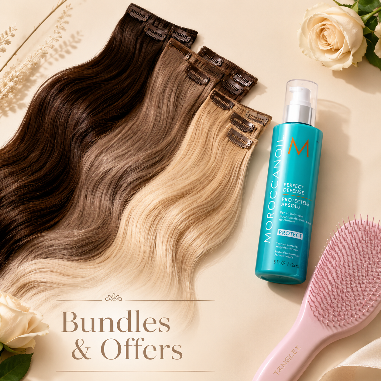 Echo hair extension care bundle with clip-in extensions, detangling brush and heat protection