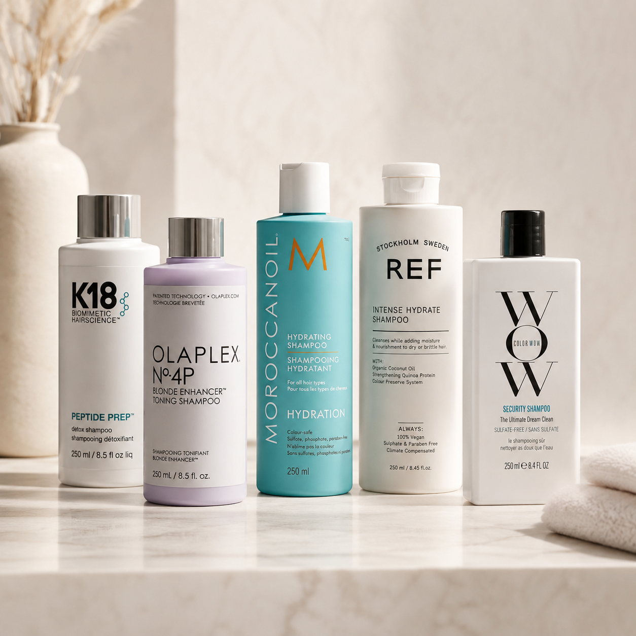 Hair extension safe shampoos from Olaplex, Moroccanoil, REF Stockholm, Color Wow and K18 on a neutral salon background.