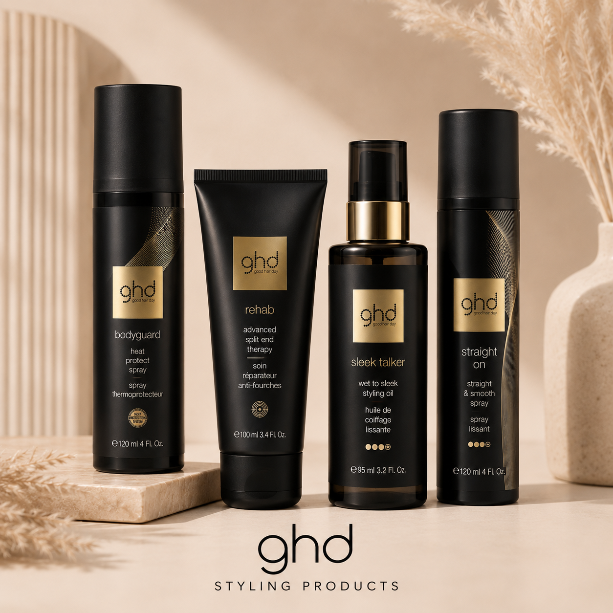 Professional ghd styling products including heat protection sprays, hair repair treatments, styling oils and smoothing products for salon-quality hair styling.