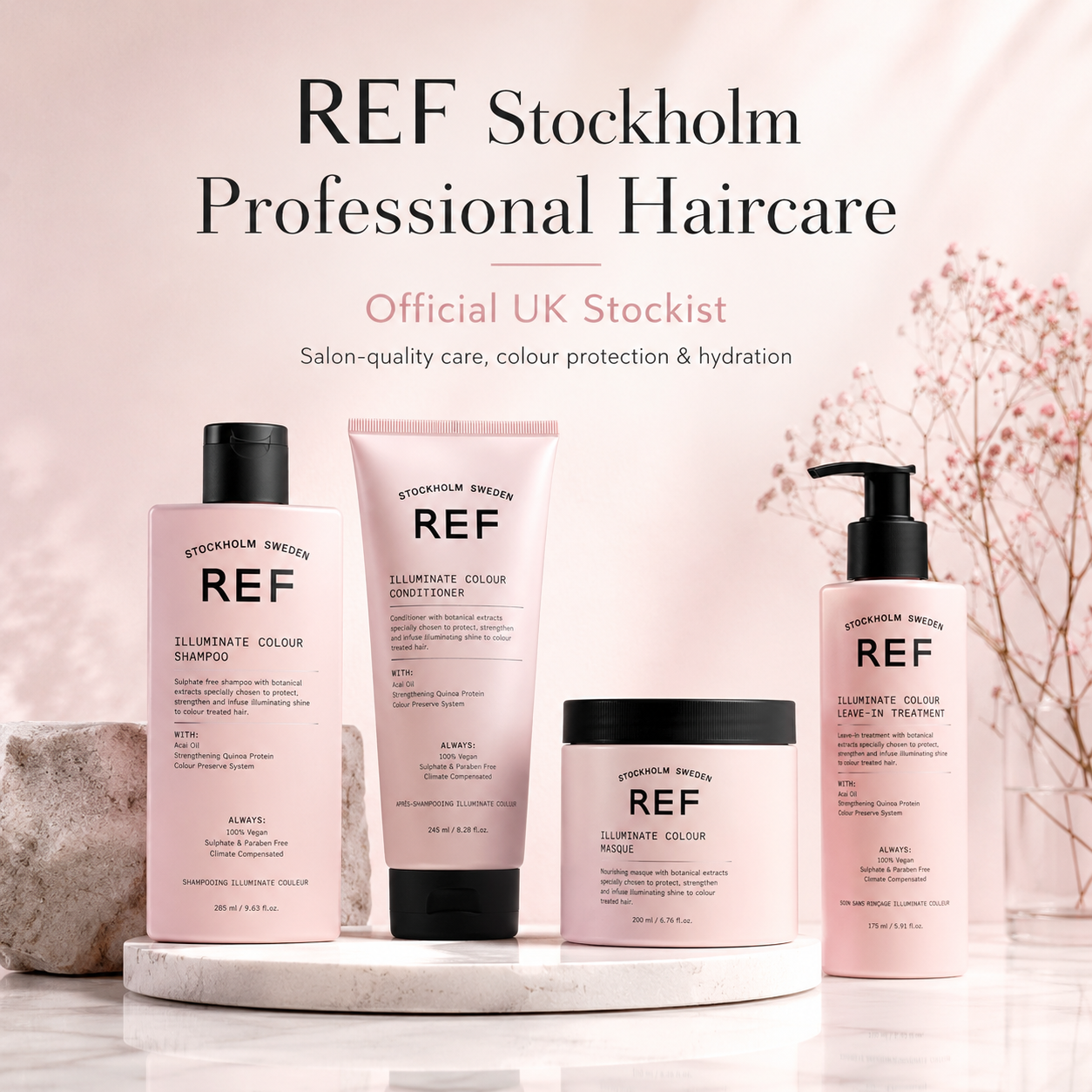 REF Stockholm Professional Haircare collection featuring salon-quality shampoo, conditioner, masque and leave-in treatment from official UK stockist The Cosmetologists.