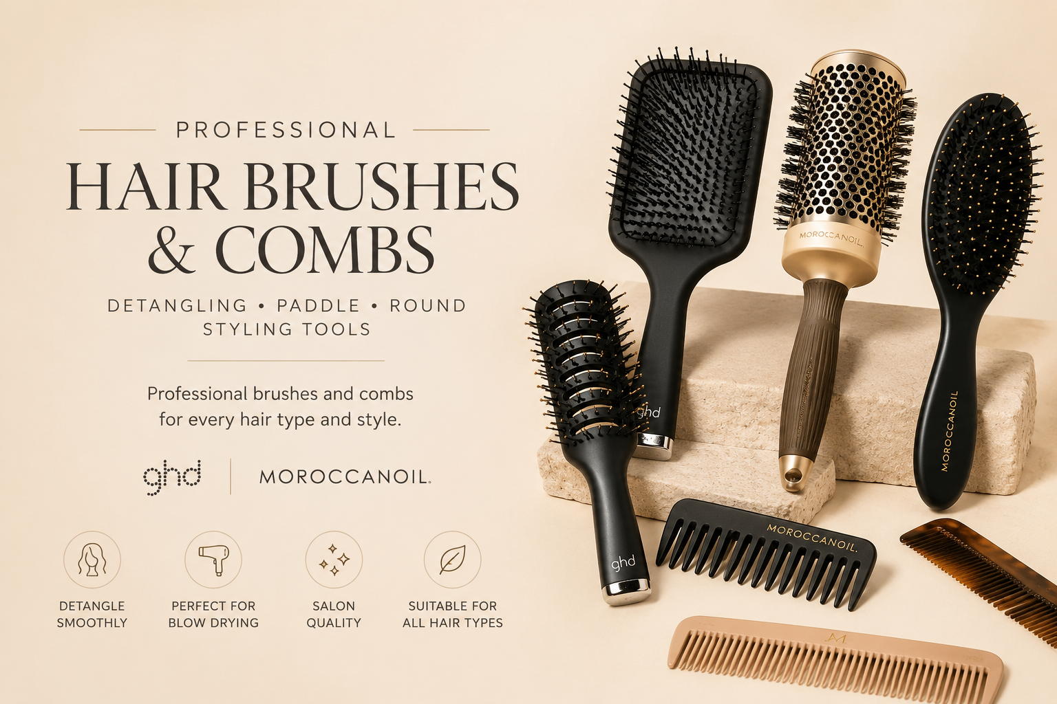 Professional hair brushes and combs collection featuring paddle brushes, round brushes, detangling brushes and salon styling tools from premium haircare brands on beige luxury background.