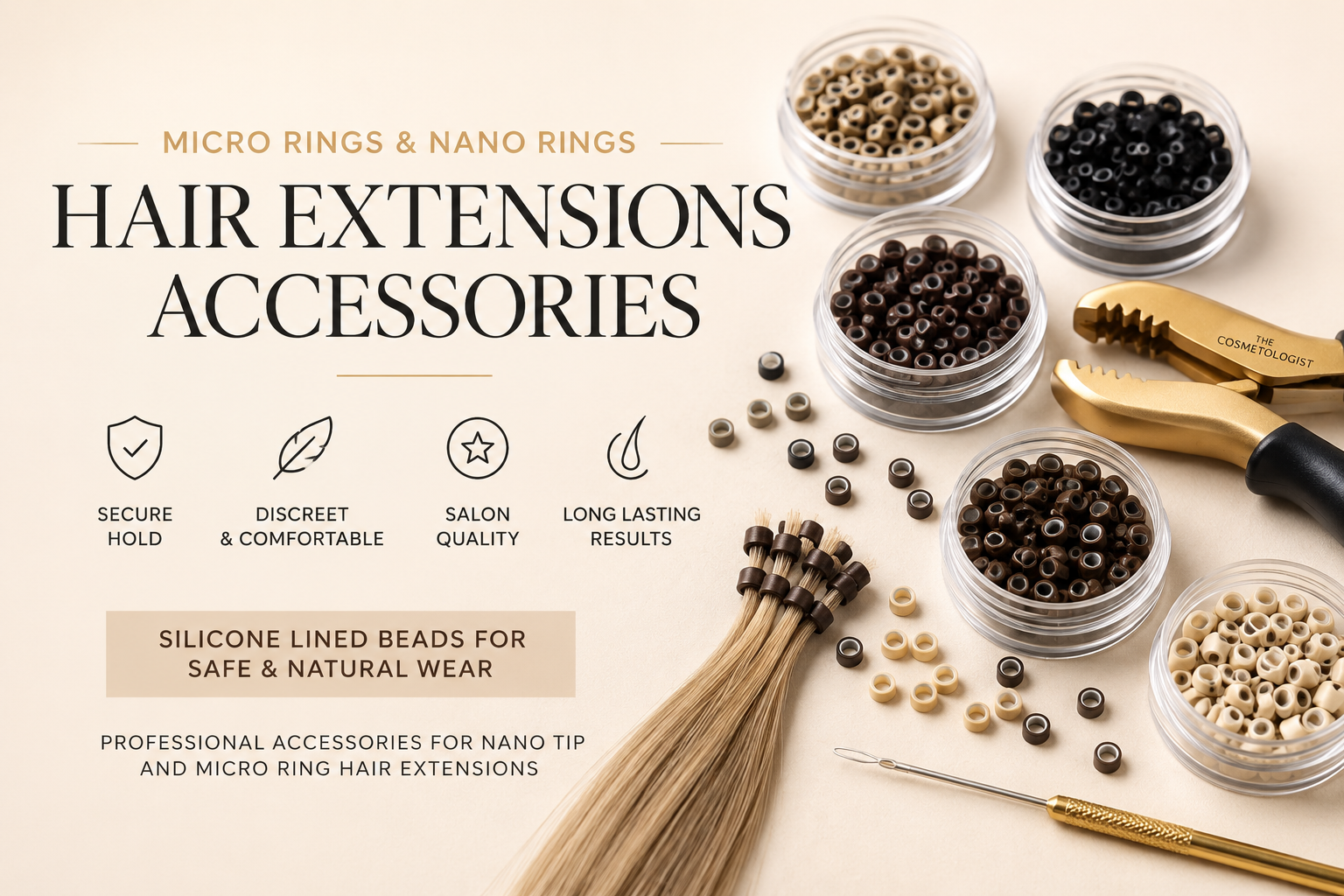 Micro rings and nano rings hair extension accessories including silicone lined beads, fitting tools and professional nano tip extension supplies on luxury beige background.