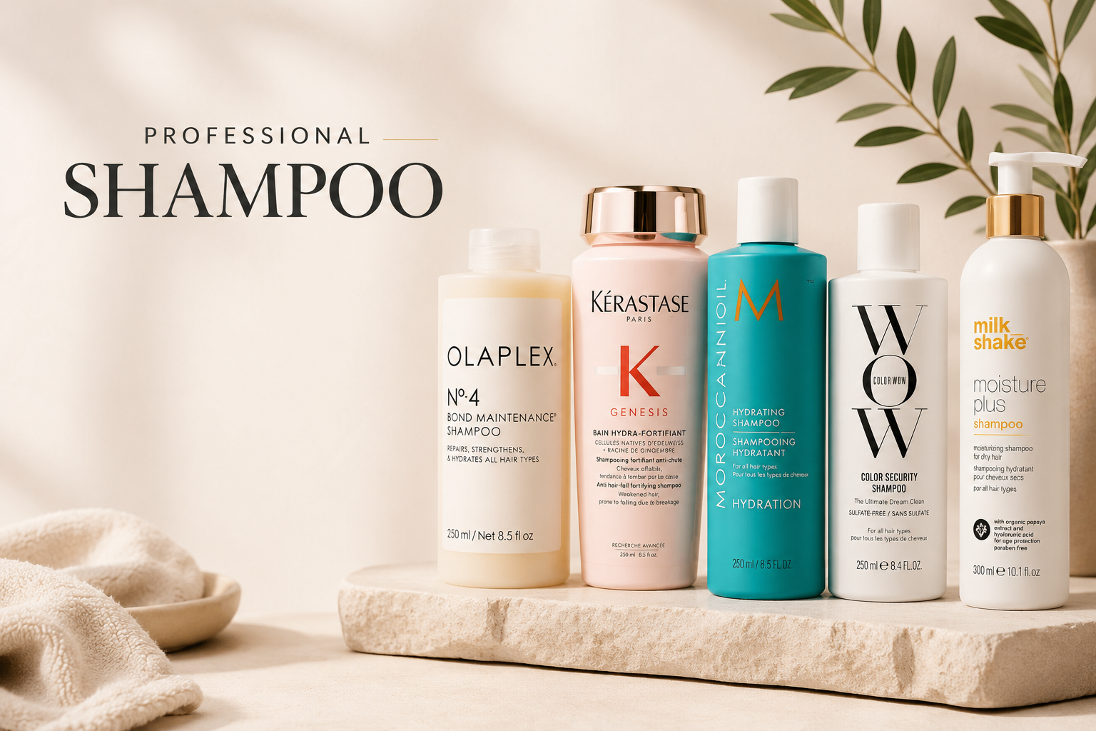 Professional salon shampoo collection featuring Olaplex, Kérastase, Moroccanoil, Color Wow and milk_shake shampoos on a luxury beige spa background with premium haircare styling products for all hair types.