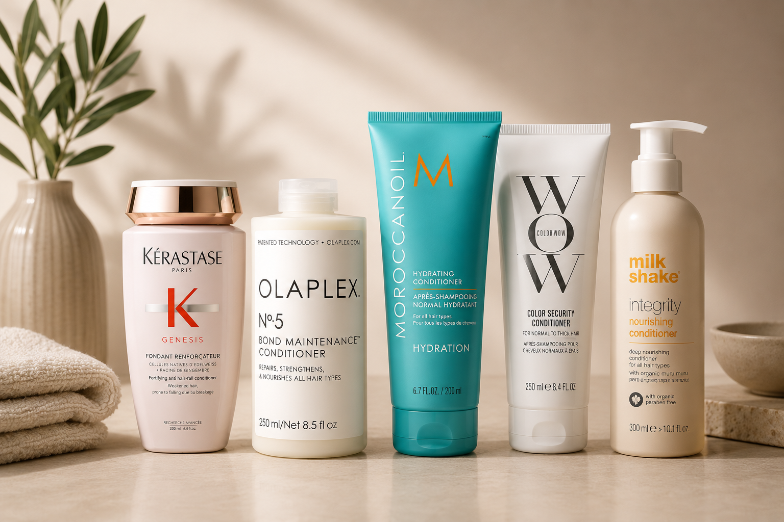 Professional hair conditioners collection featuring Kérastase, Olaplex, Moroccanoil and Color Wow products on a luxury cream salon background