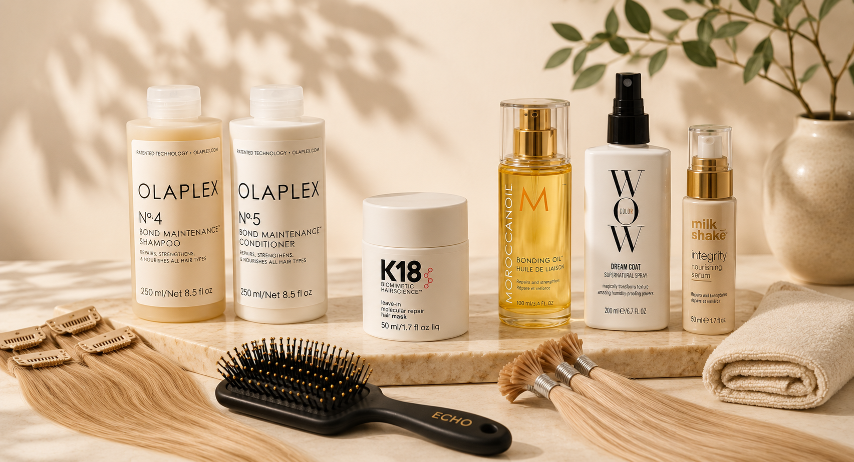 Luxury hair extension aftercare products including sulphate-free shampoo, conditioner, hair oil, serum and heat protection on a premium neutral background