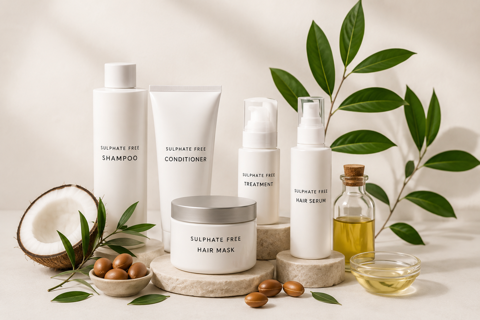 Luxury sulphate-free haircare collection featuring minimalist shampoo, conditioner, treatment and hair mask bottles with natural coconut, botanical leaves and nourishing oils on soft beige stone pedestals.