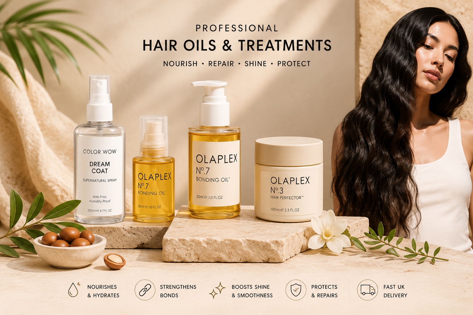 Luxury professional hair oils and treatments collection featuring nourishing bonding oils, repair treatments and anti-frizz sprays displayed on elegant beige stone surfaces with botanical accents in a premium salon-inspired setting.