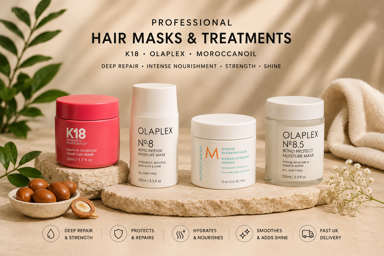 Luxury professional hair masks and deep conditioning treatments featuring K18, Olaplex and Moroccanoil products displayed on elegant beige stone surfaces with botanical accents in a premium salon-inspired setting.