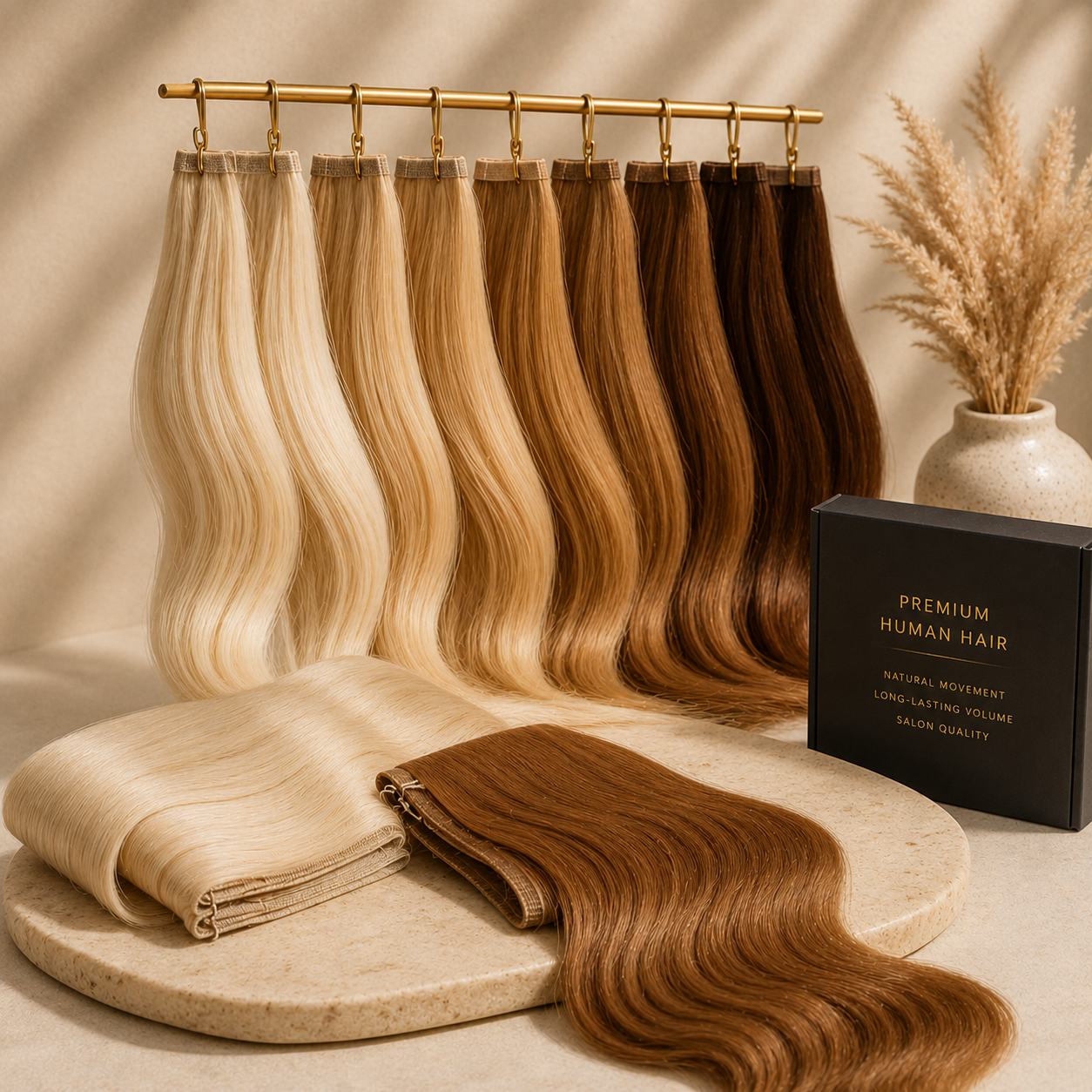 Luxury weft hair extensions in blonde and brunette shades displayed on elegant beige stone surfaces with soft botanical accents in a premium salon-inspired setting.