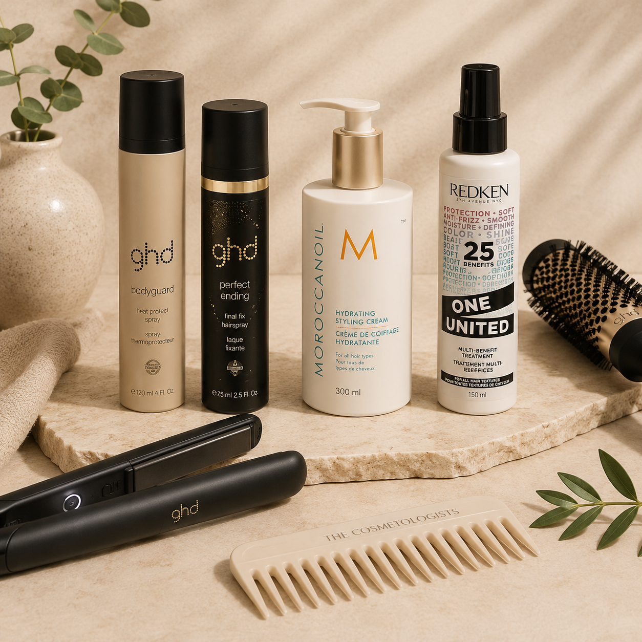 Luxury professional hair styling products including heat protect sprays, styling creams, hairsprays and salon styling tools displayed on elegant beige stone surfaces with botanical accents in a premium salon-inspired setting.