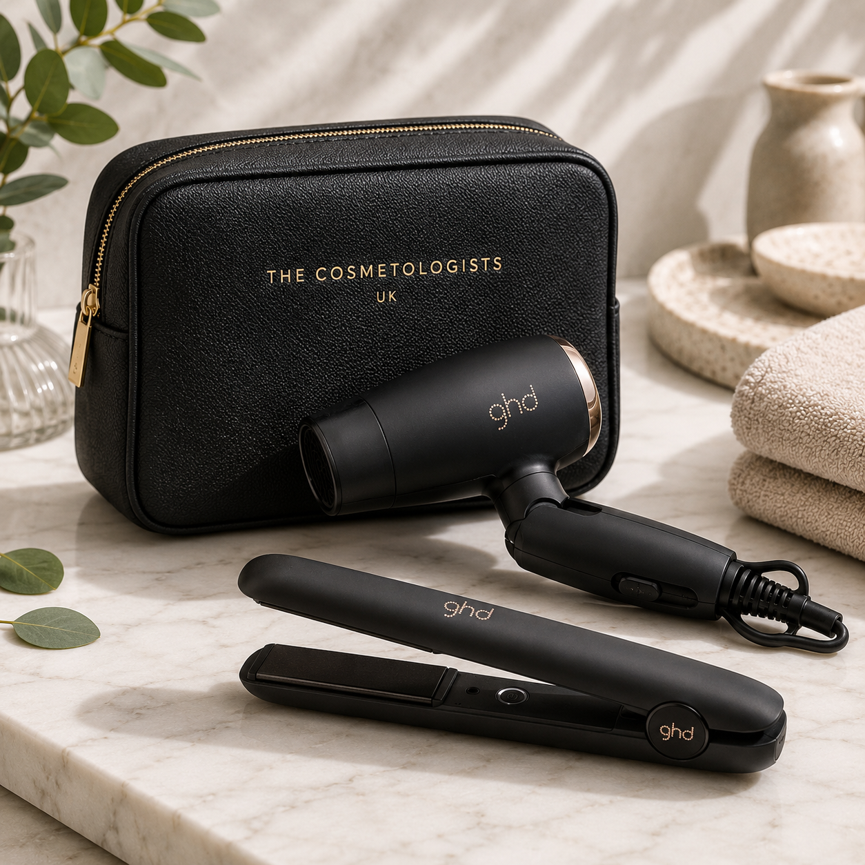 Luxury mini and travel hair tools including compact hair straighteners and travel hair dryer displayed beside a premium black cosmetic travel bag on a glossy marble surface with warm spa-inspired lighting and botanical accents.