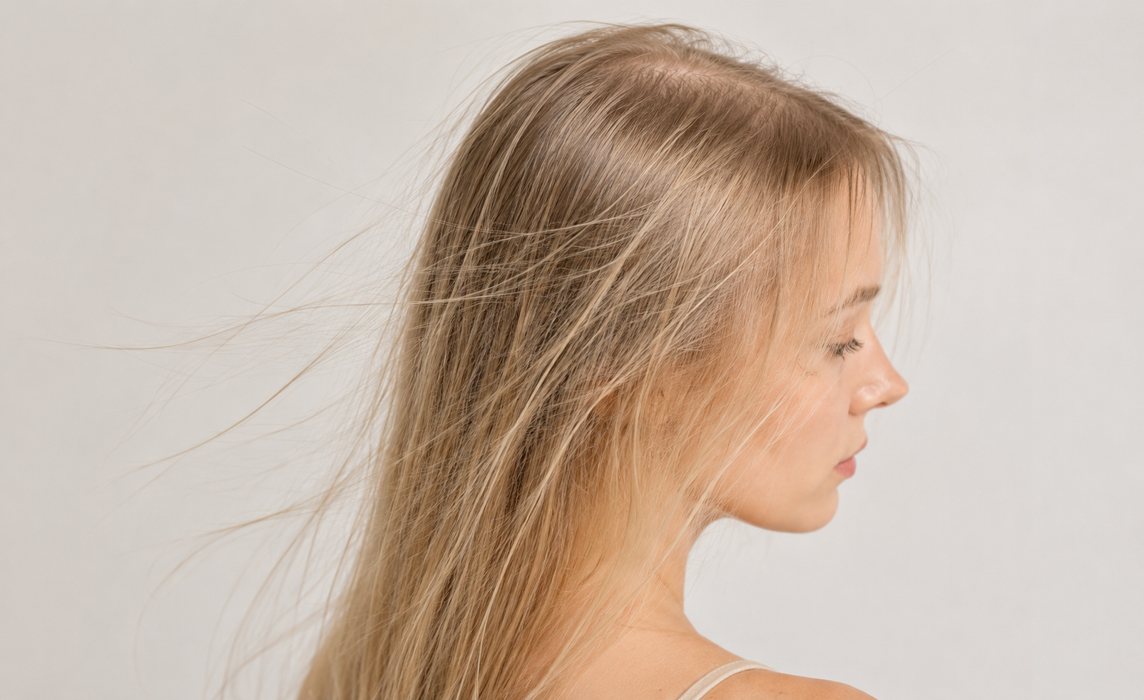Close-up portrait of fine and thin blonde hair with soft natural texture and lightweight strands flowing gently against a clean neutral studio background.