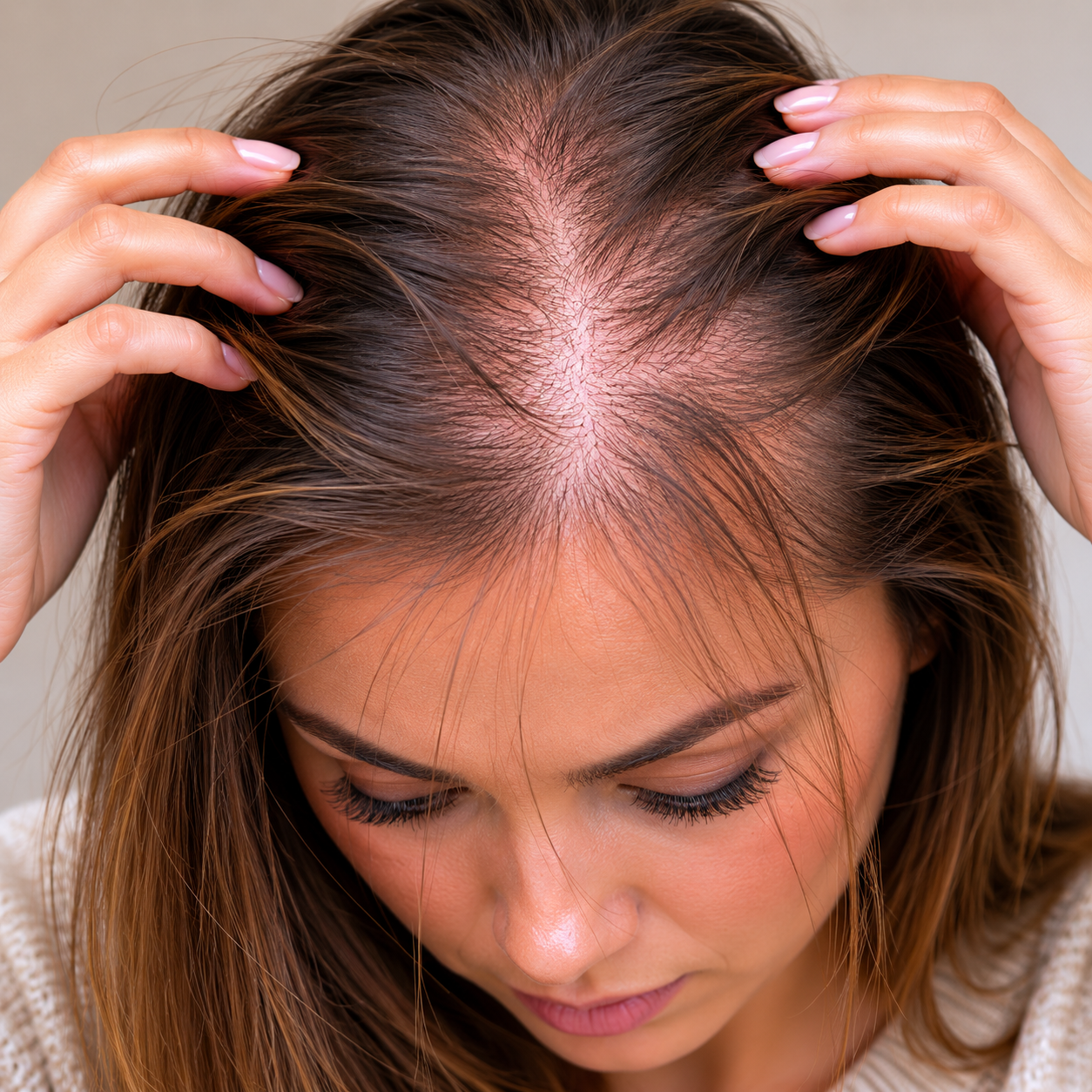 Close-up clinical-style portrait of a woman with thinning hair and visible scalp while gently parting her brunette hair, photographed in soft natural lighting against a clean neutral background.