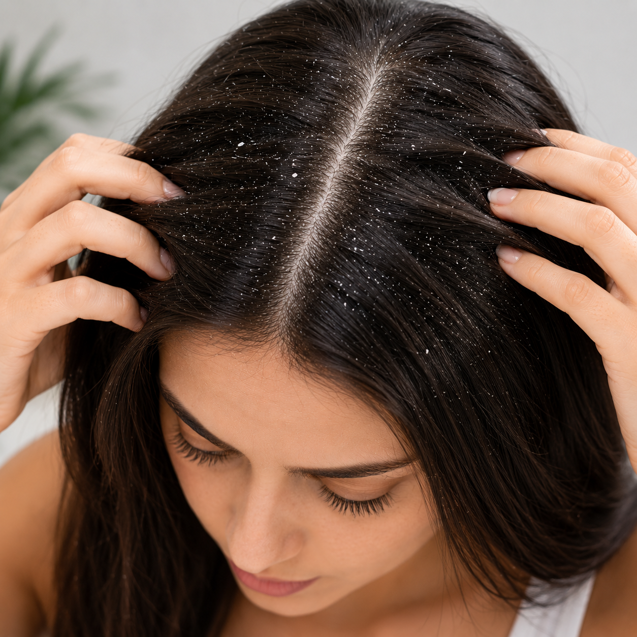 Close-up portrait of a woman examining dandruff on her dark hair and scalp, with visible flakes along the hair parting in a clean studio beauty setting.
