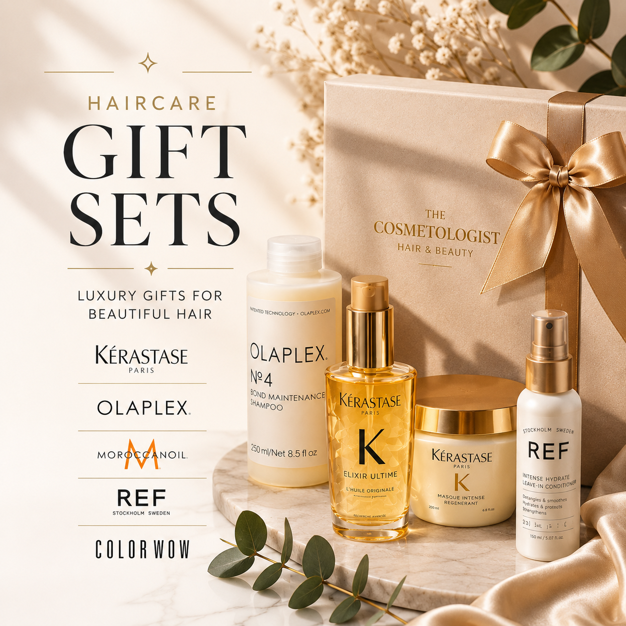 Luxury haircare gift sets collection featuring premium beauty products including Kérastase, Olaplex, Moroccanoil, REF and Color Wow with elegant gold gift box styling and soft beige luxury background.