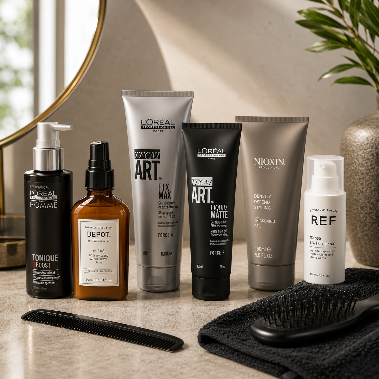 Premium men's haircare collection featuring professional styling, thickening and grooming products designed for texture, volume, hold and healthy-looking hair