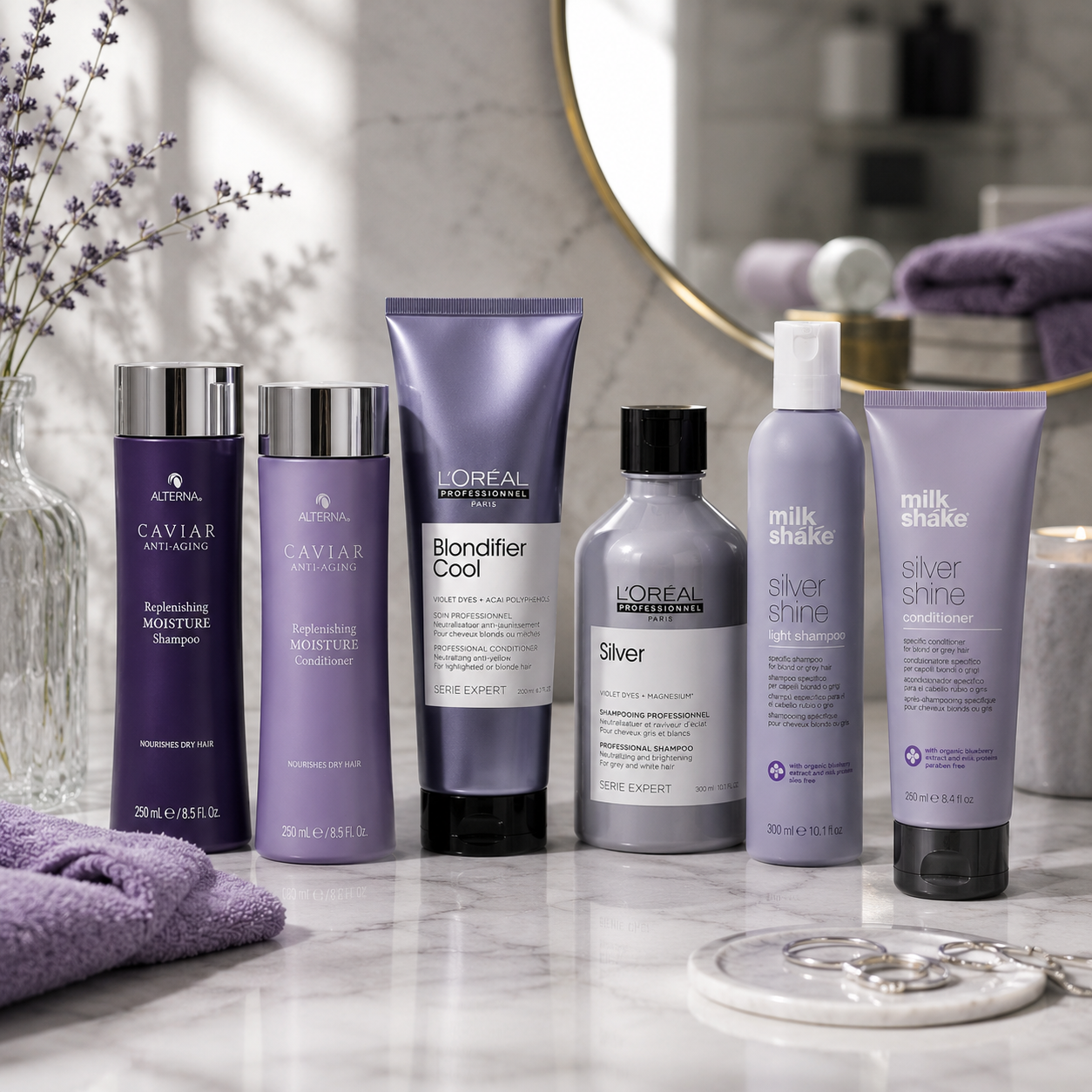 Luxury silver and purple toning haircare collection featuring professional violet shampoos, conditioners and treatments formulated to maintain cool blonde, silver and grey hair tones while reducing brassiness