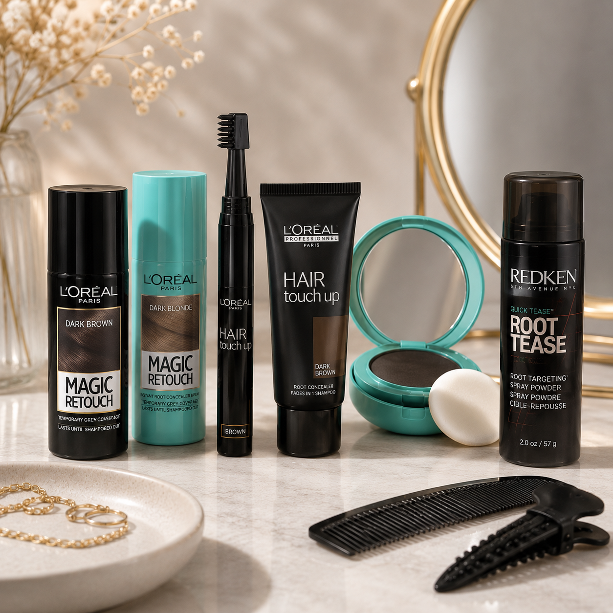 Luxury hair colour root touch up collection featuring professional root coverage sprays, concealers and temporary colour solutions for seamless grey coverage and natural-looking regrowth blending