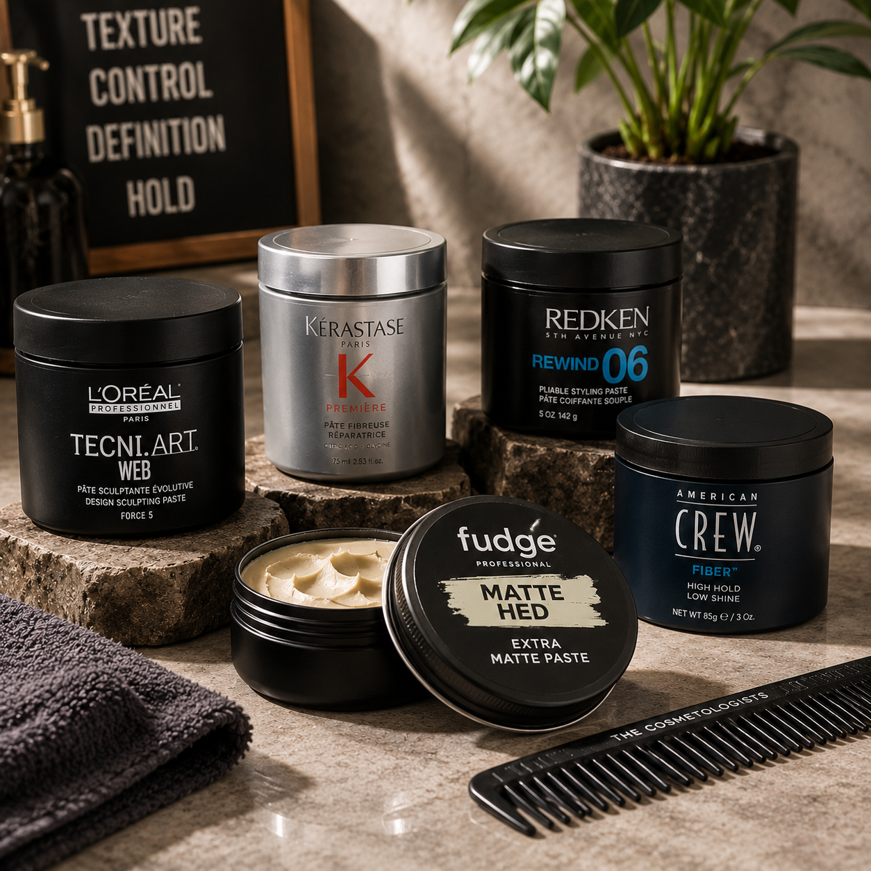 Luxury hair paste collection featuring professional styling pastes and texture products for flexible control, medium to strong hold, matte finish and long-lasting hair definition