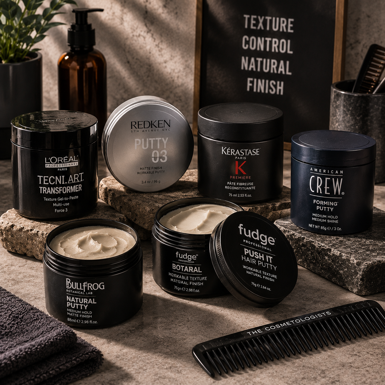 Luxury hair putty collection featuring professional styling putties with matte finish and flexible hold for textured hairstyles, volume, separation and natural-looking definition