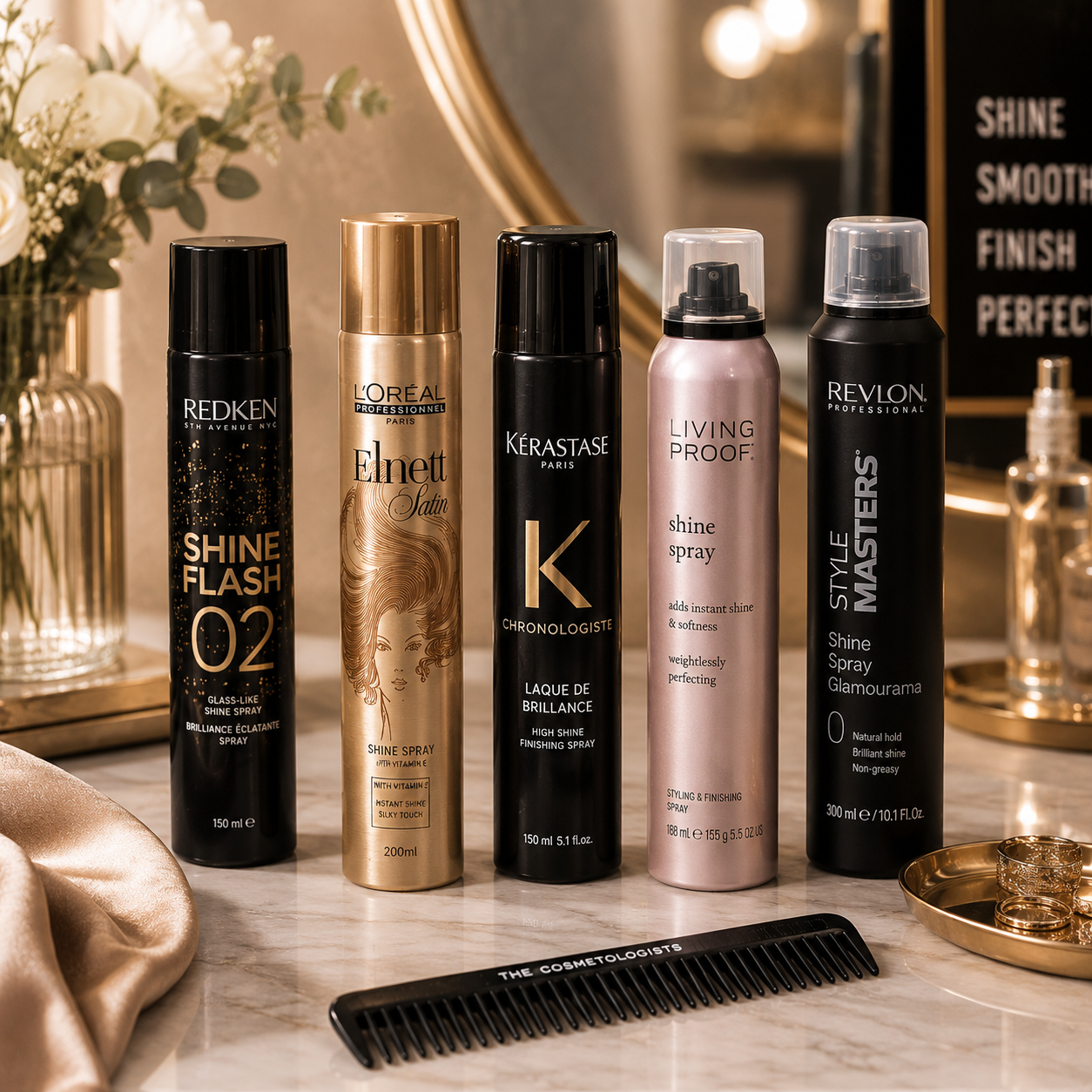 Luxury shine spray collection featuring professional finishing sprays that add instant gloss, smooth flyaways, reduce frizz and enhance natural hair shine without weighing hair down