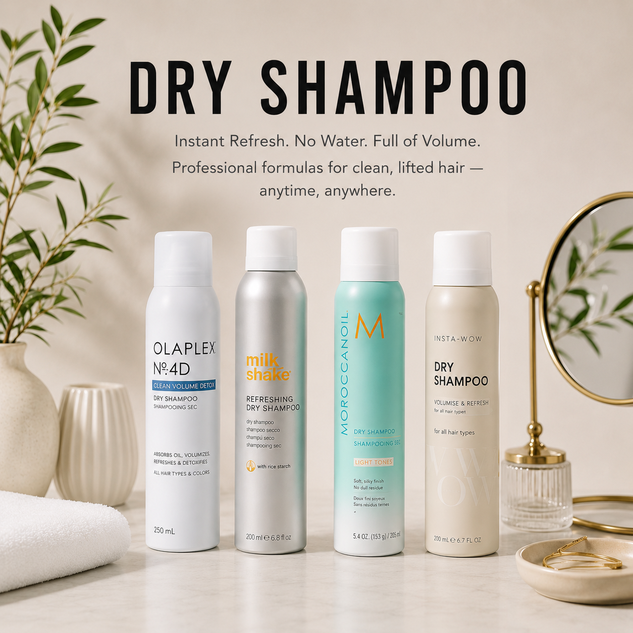 Professional dry shampoo collection featuring Olaplex No.4D, Color WOW, milk_shake and REF Stockholm dry shampoos