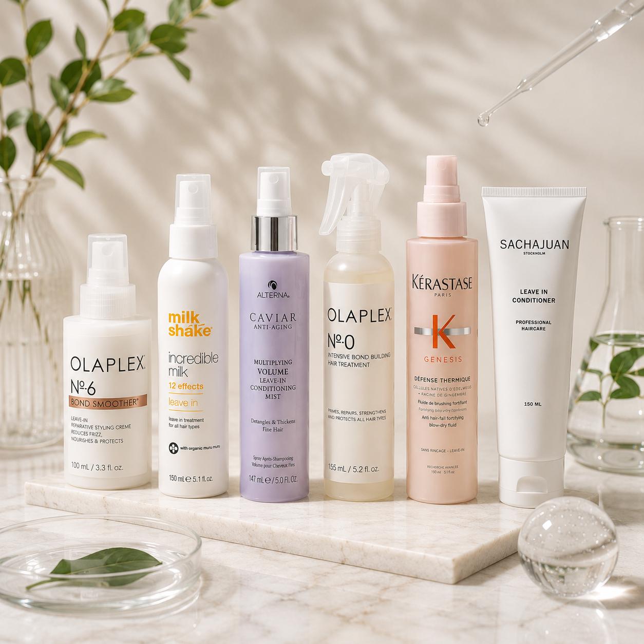 Professional leave-in hair treatment collection featuring nourishing sprays, creams and conditioning products for hydration, repair and heat protection