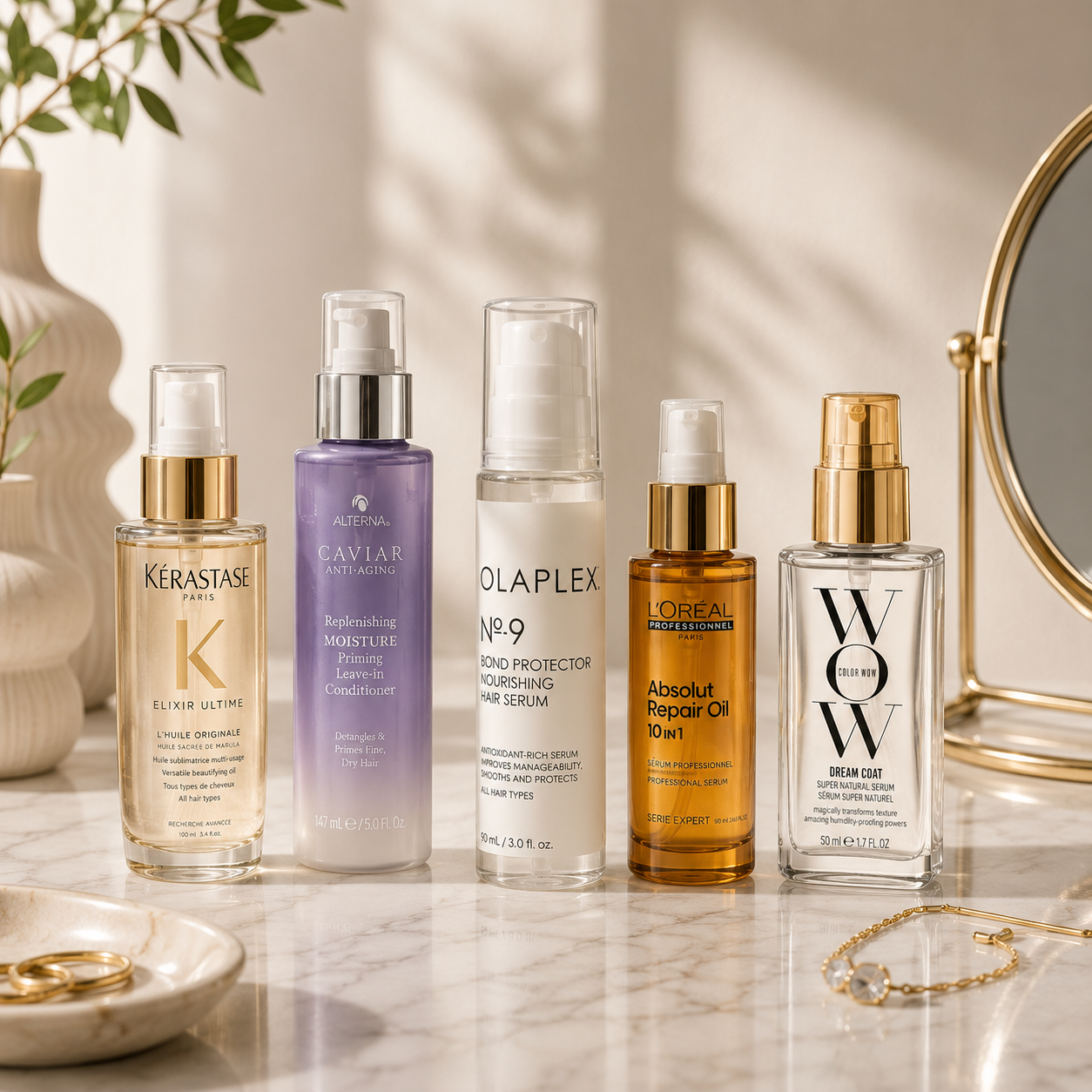 Luxury hair serum collection featuring professional smoothing, repair and shine-enhancing serums for frizz control, hydration and hair protection