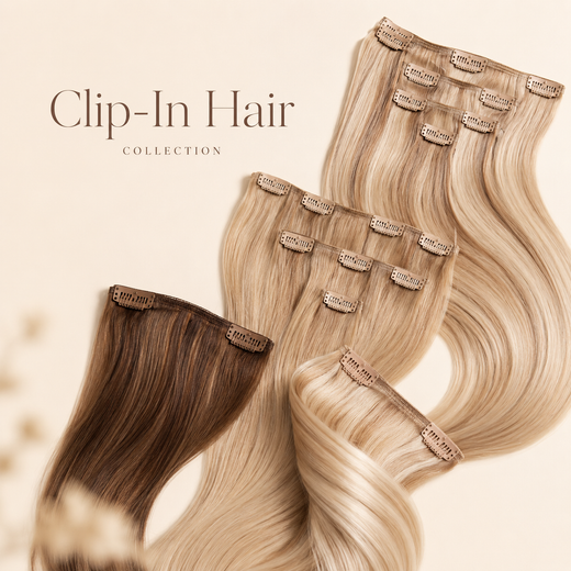 Echo clip-in human hair extensions in blonde and brunette shades, showing multiple clip-in wefts.