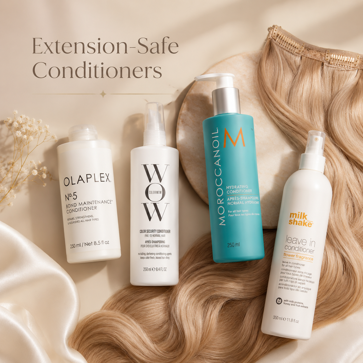 Hair extension safe conditioners from Olaplex, Color Wow, Moroccanoil and milk_shake displayed with blonde human hair extensions.